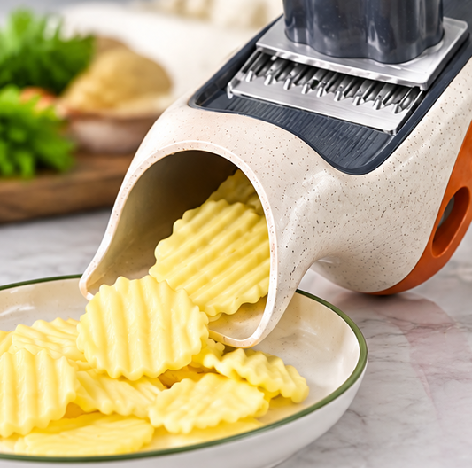 Standing Mandoline Vegetable Slicer with Safety Feeder, Stainless Steel Crinkle Potato Cutter and Julienne Shredder